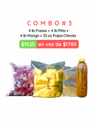 COMBO#3: 4lb Fresas Congeladas + 4lb Mango + 4lb Piña + 32onz Pulpa de Chinola